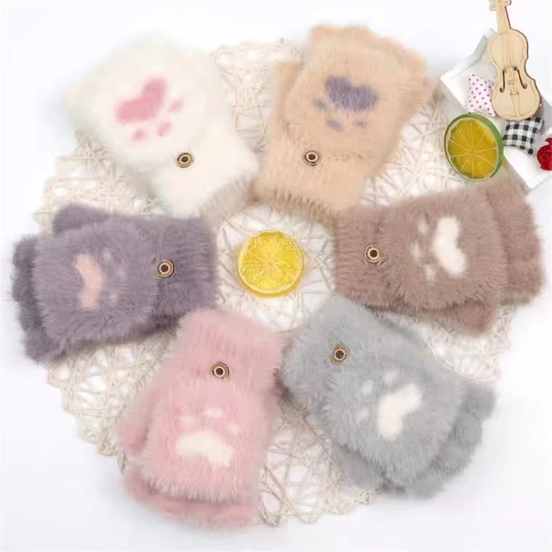 Găng tay lông hở ngón giữ ấm kiểu vuốt mèo ngắn dễ thương thời trang thu đông