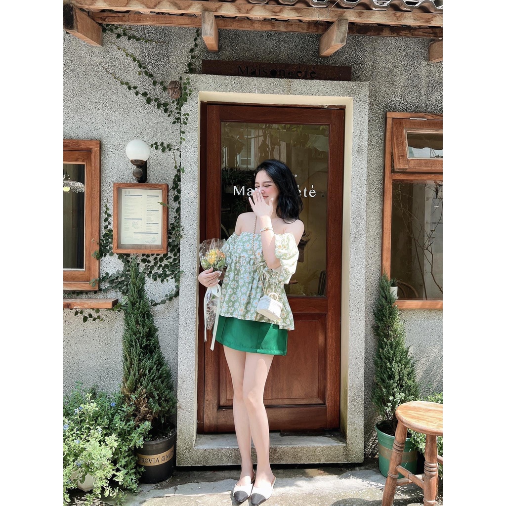 [Mã 44FASHIONSALE1 giảm 10K đơn 50K] Set áo hoa trễ vai cúc họa mi quần đùi nữ xinh xắn BN754