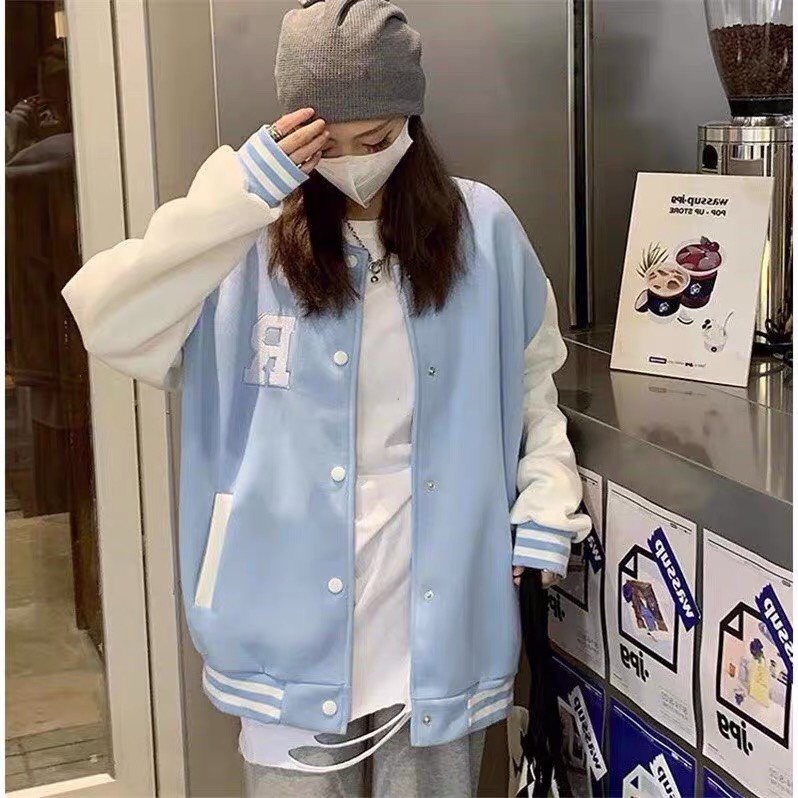 Bomber ❤️❤️ Áo khoác bomber nữ bóng chày varsity họa tiết chữ R xanh cao cấp nam nữ mùa đông vải nỉ hàn quốc giá rẻ