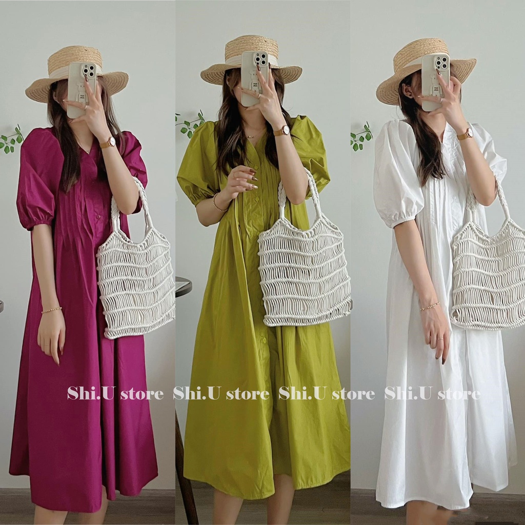 Váy cổ v xếp ly ngực tay bồng chất thô mát dáng rộng đầm dài 3 màu xinh xắn