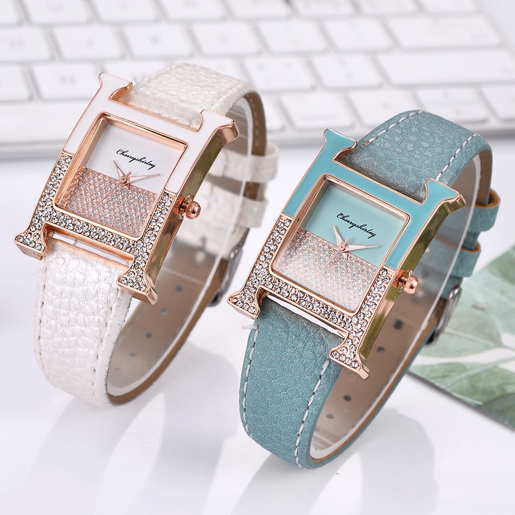 Đồng hồ Nữ dây da mặt vuông đính kim cương giả máy Quartz hợp thời trang sang trọng