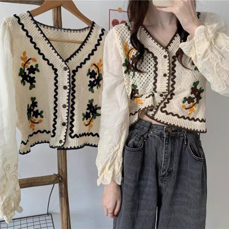 Áo Khoác Cardigan Chiffon Tay Dài Kẻ Sọc Thêu Hoa Xinh Xắn Cho Nữ