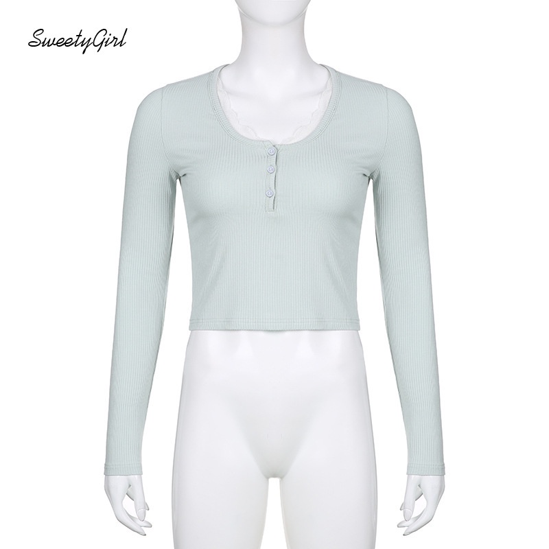 Áo Thun Tay Dài Cổ Chữ V Dáng Ôm Màu Xanh Nhạt Phối Ren Cài Khuy Thời Trang 2022 Dành Cho Bạn Nữ