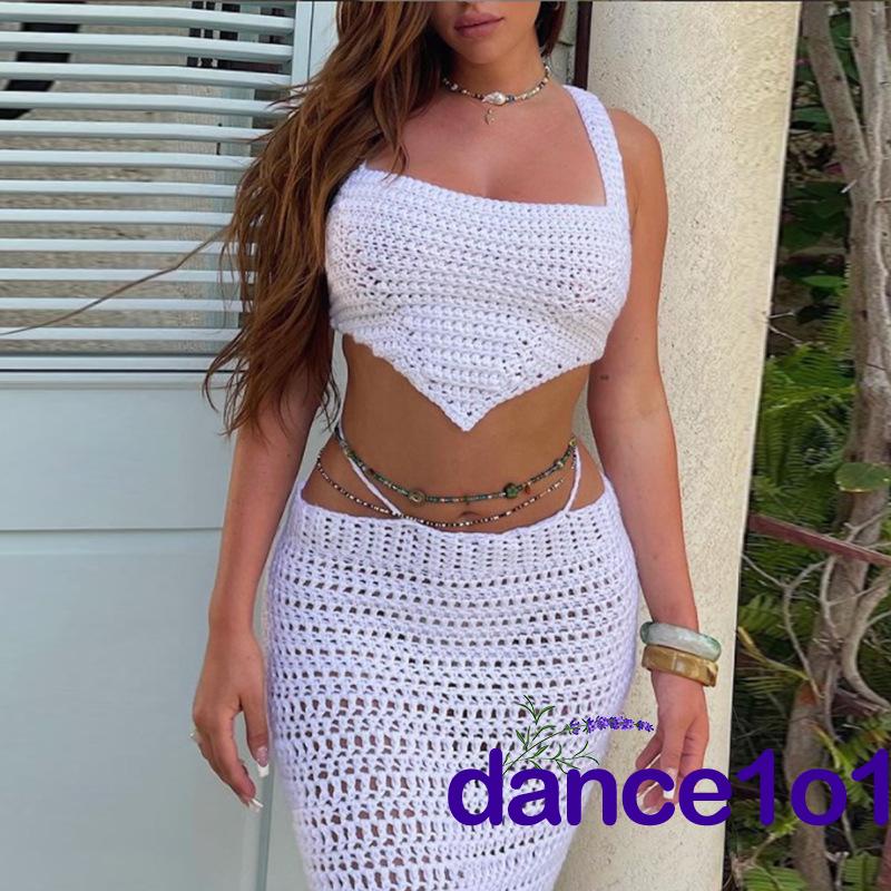 dance1o1-Bộ áo lửng hai dây và chân váy dài dệt kim cho nữ