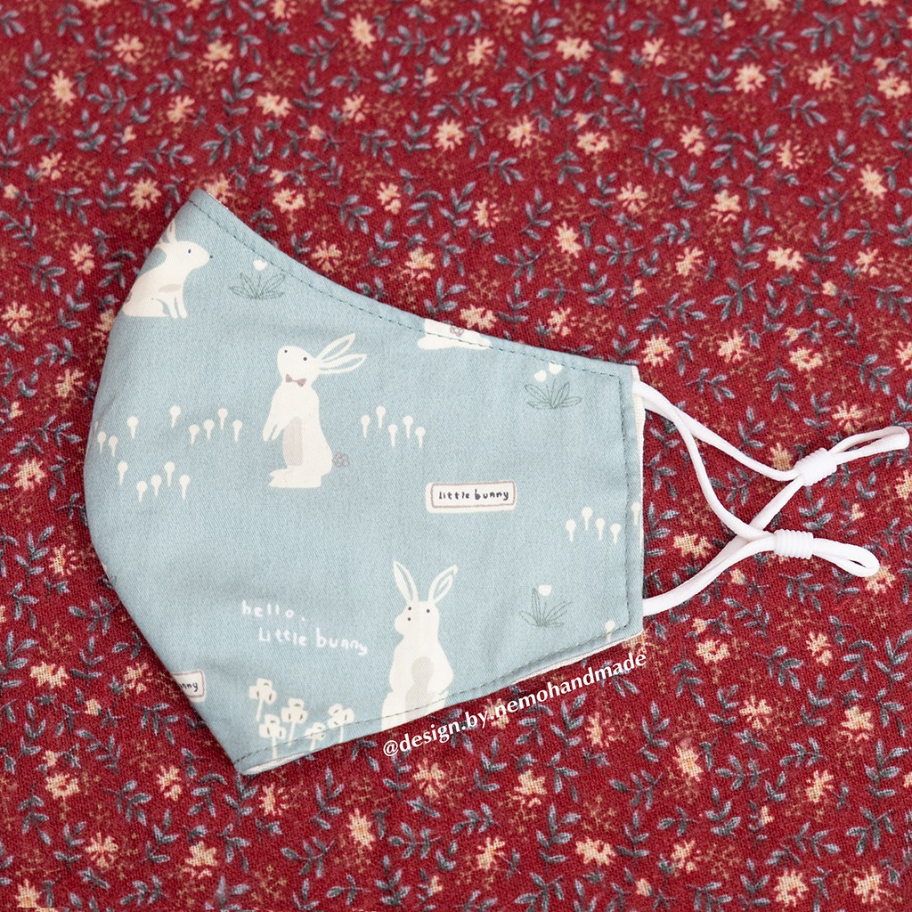 Khẩu Trang Vải 3 Lớp Thỏ Trắng Nền Xanh Vintage Nemo Handmade, Tặng Kèm Có Nút Điều Chỉnh Dây - KTHTTX | BigBuy360 - bigbuy360.vn