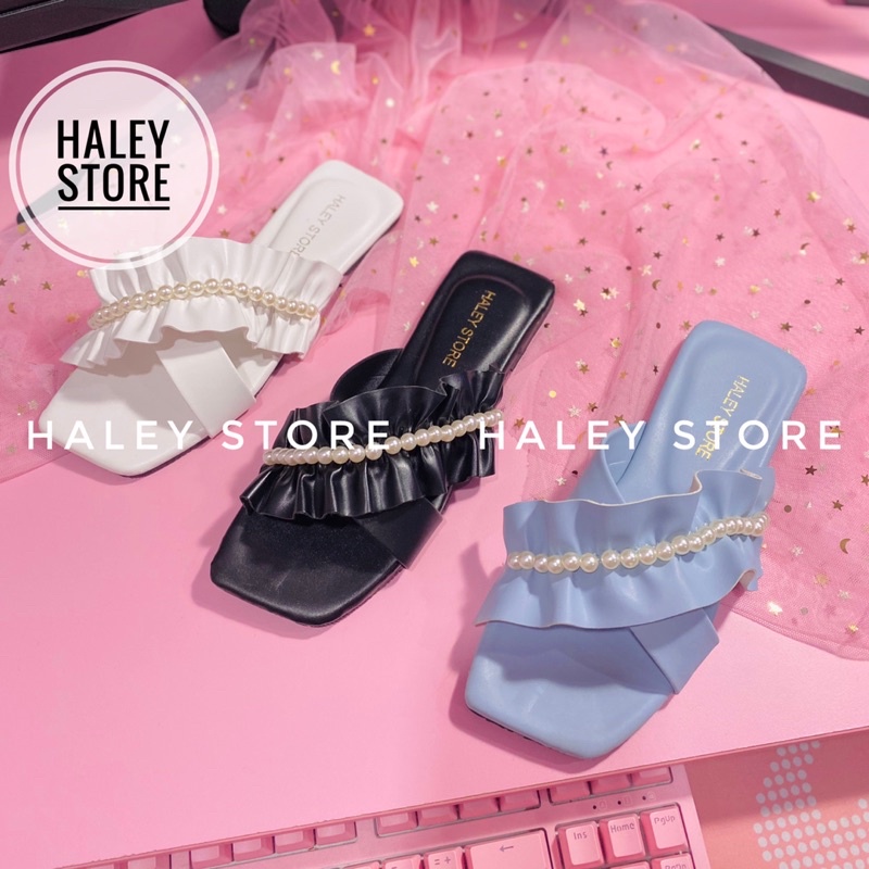 Dép lê nữ nhún nhúm bèo đính ngọc dép bệt kẹp xỏ ngón thời trang ulzzang phong cách tiểu thư HALEY STORE