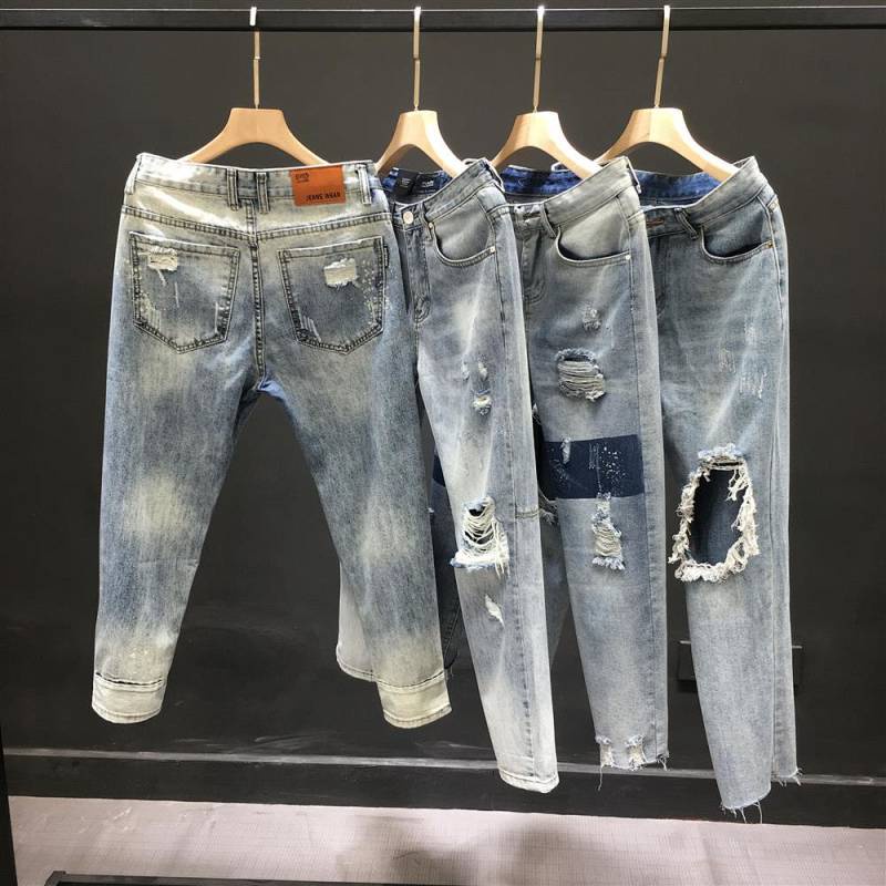 2022 New Men's Ripped Jeans Cropped Pants Men's Slim Fit Trendy Youth Handsome Tappered Pants Men's Clothing Fashion Menswear UzRq