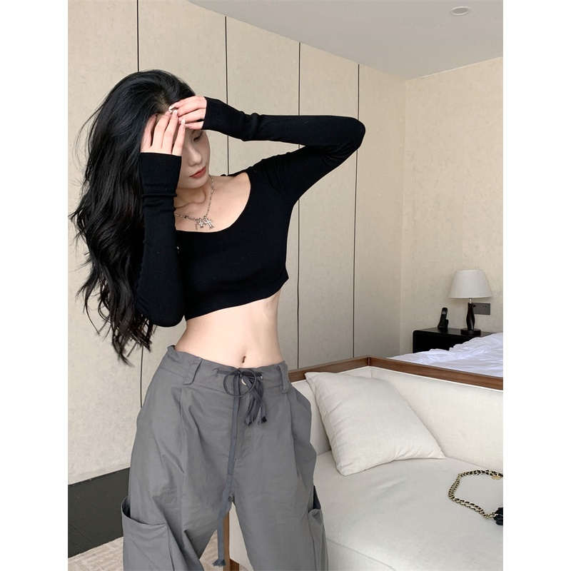 Áo dệt kim tay dài dáng ngắn phong cách Hàn Quốc thời trang quyến rũ cho nữ