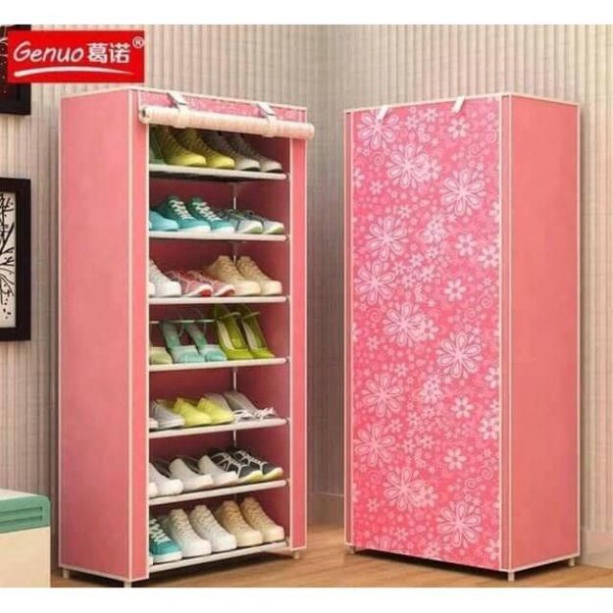 Tủ giày dép 7 tầng 6 ngăn bọc vải họa tiết hoa văn cao cấp giá rẻ / Kệ đa năng, giá để giày dép khung inox 7 tầng khogia