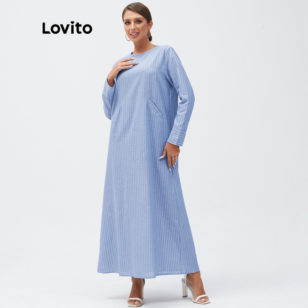 Đầm Lovito có túi kẻ sọc thùy mị L15X006 (màu xanh dương)