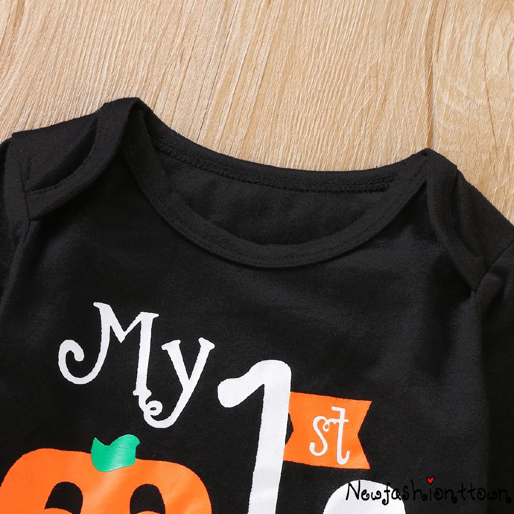 Set bộ đồ ngủ liền thân + Quần dài họa tiết trái bí đỏ Halloween dễ thương cho bé