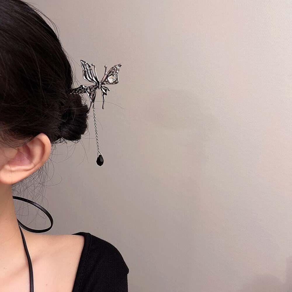 Trâm Cài Tóc VANES1 Hình Bướm Bằng Hợp Kim Đính Hạt Tua Rua Phong Cách Punk