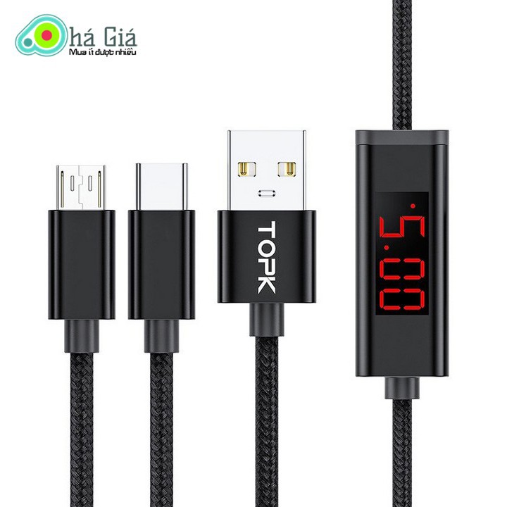 Cáp Sạc Điện Thoại 2in1 TOPK màn hình led hiển thị cường độ dòng điện