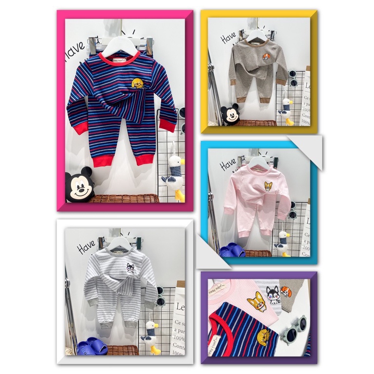 Bộ Dài Tay COTTON HÀN MINKY MOM Sọc Ngang Thêu Hình Dễ Thương Cho Bé TD-TR09