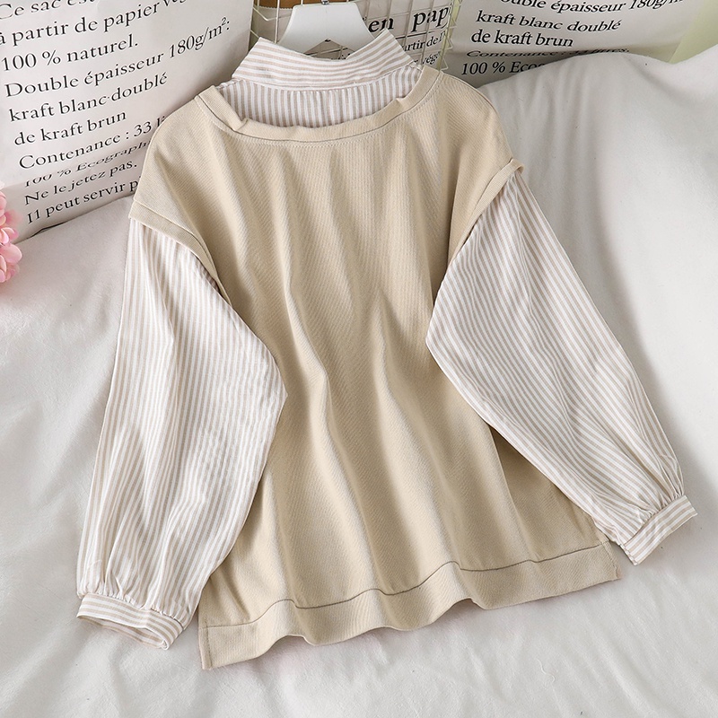 IELGYÁo sweater Tay Dài Dáng Rộng Giả Hai Lớp Phối Họa Tiết Kẻ Sọc Thời Trang Cho Nữ