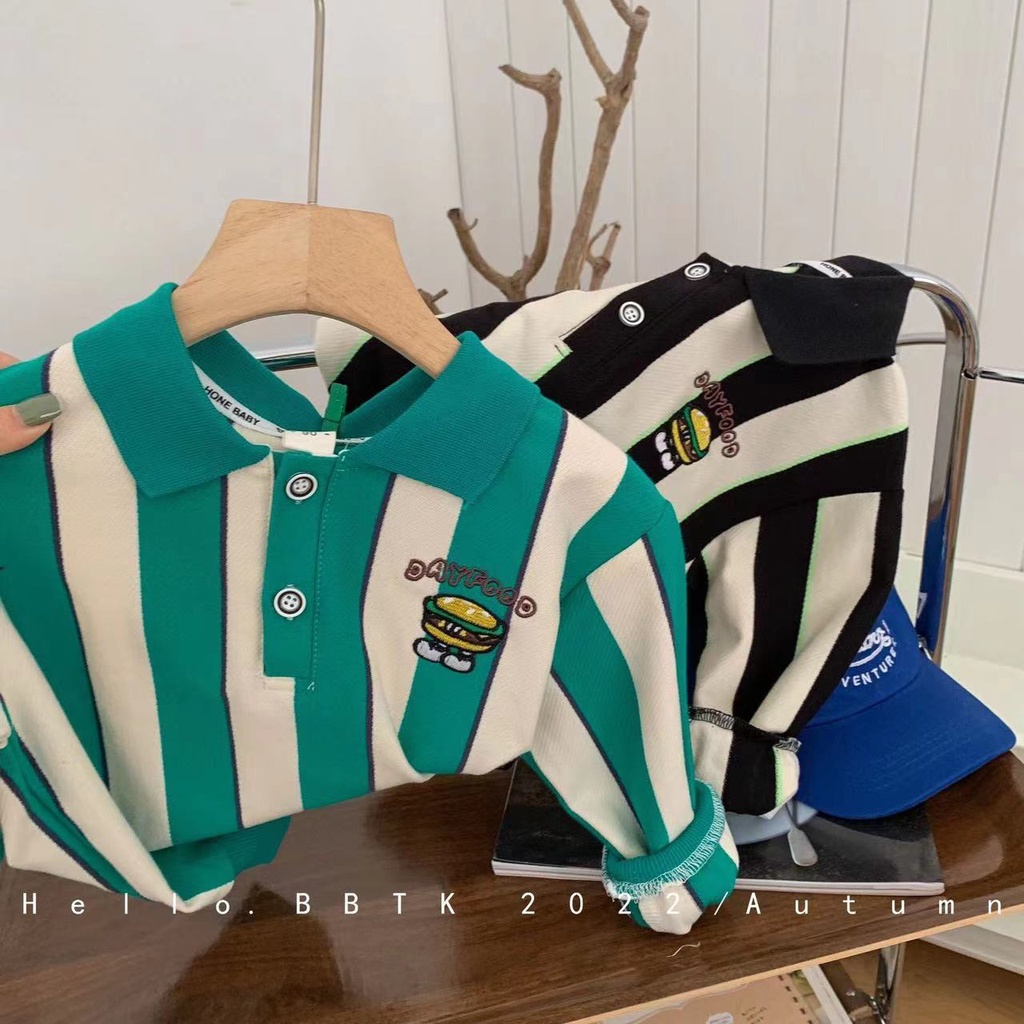 [Babycat] Hàng Có Sẵn Áo Sweatshirt Trẻ Em Phong Cách Nhật Bản Hàn Quốc!Hàng Mới Về Áo Thun POLO Họa Tiết Kẻ Sọc Thêu Hình Burger Thời Trang Mùa Thu 2022 Cho Bé Trai