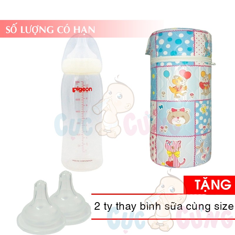 Bình sữa nhựa cổ rộng Pigeon PP (160ml/240ml/330ml) + 1 ủ bình sữa cổ rộng Tặng 2 ty thay binh sua cùng size