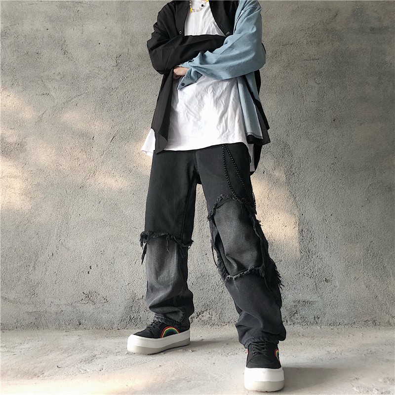 Quần bò unisex rách gối lớn size M L XL