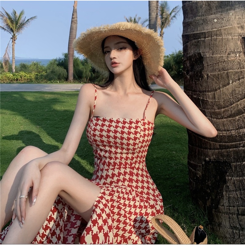 Đầm maxi hai dây suông dài kiểu nữ sọc caro nhỏ xẻ tà - Order taobao quảng châu
