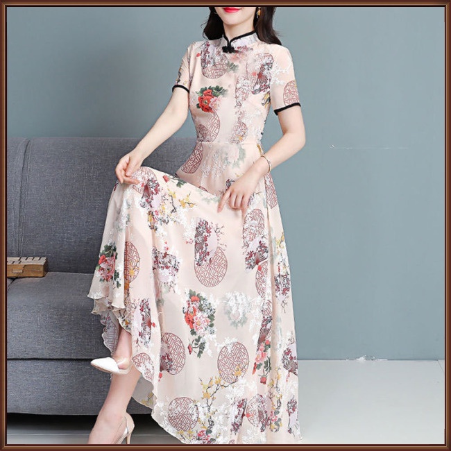 Đầm Sườn Xám Lưng Cao In Họa Tiết Hoa Phong Cách Trung Hoa Thời Trang Cho Phụ Nữ Trung Niên