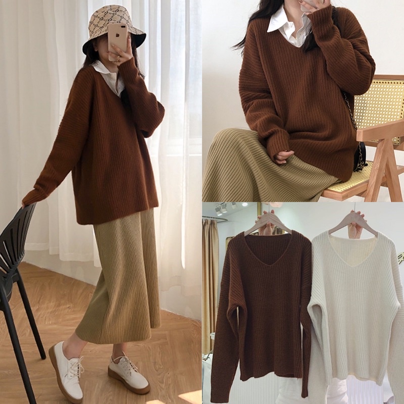 Áo Len Cổ Tim Dáng Oversize Chất Len Tăm Siêu Dày Phom Rộng Hàn Quốc | BigBuy360 - bigbuy360.vn