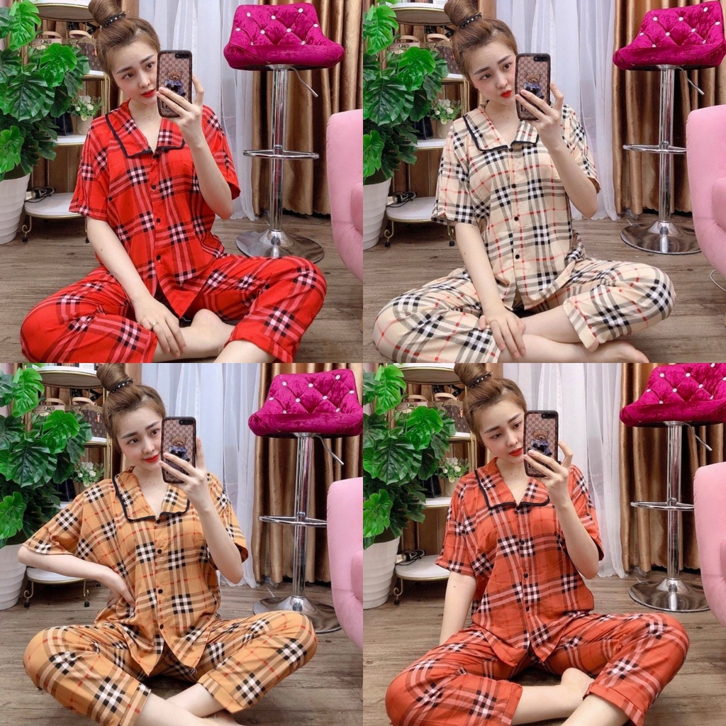 Đồ Bộ Pijama Tay Ngắn Vải Lụa Hàn Mẫu Caro Mềm Mại Freesize Dưới 58Kg