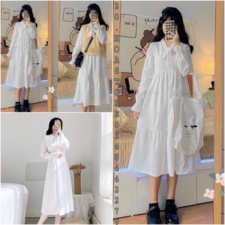 (new) VÁY BABYDOLL NƠ CỔ TRẮNG mặc kỷ yếu - ĐẦM MAXI Trắng Dài Bánh Bèo Nữ Tay Bồng Dáng Suông - YU Dress