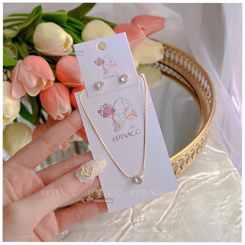 Bộ trang sức titan, set dây chuyền, bông tai đá tròn basic đơn giản .PTNACC.