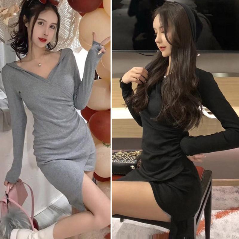 Váy tay dài cổ chữ V màu trơn quyến rũ thời trang cho nữ