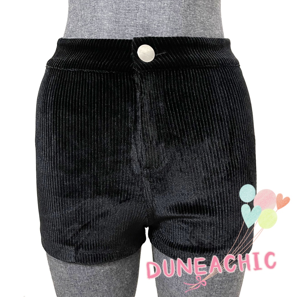 DUNEA Quần short vải nhung đen lưng cao co giãn thiết kế trẻ trung hợp thời trang dành cho nữ