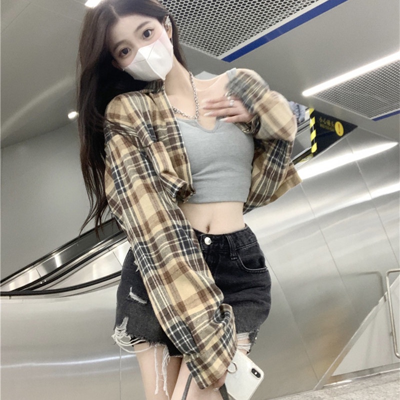 Áo Sơ Mi Nữ Ca Rô Dài Tay Cổ Bẻ Thời Trang Hàn