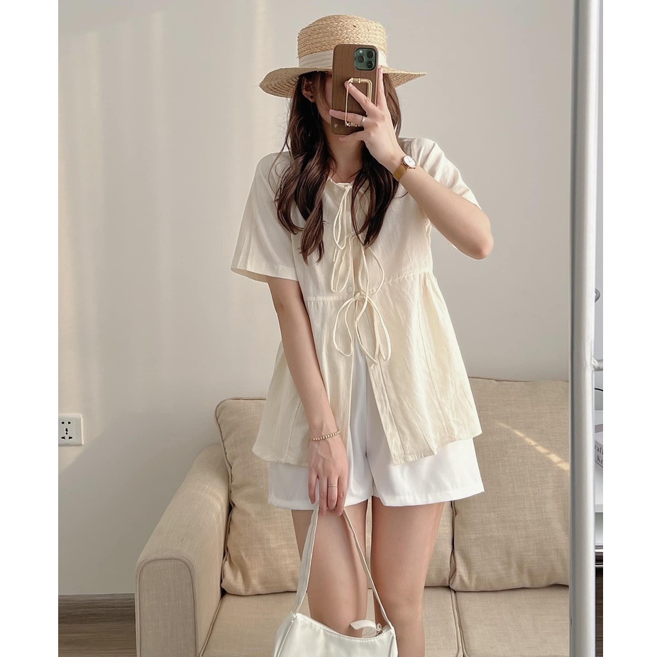 [Mã TOPS06 giảm đến 10k đơn 99k] Áo Sơ Mi Babydoll Phối Dây Nơ Tiểu Thư 2 Màu Trắng Be, Labibi | BigBuy360 - bigbuy360.vn