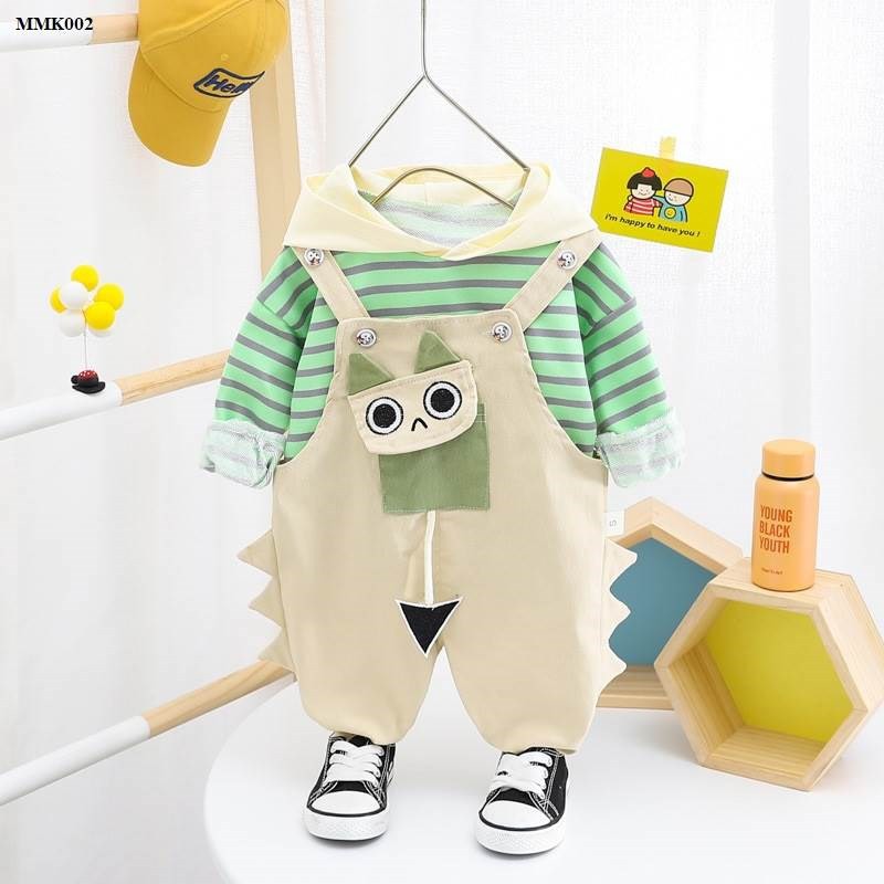 Set yếm bé trai hoạt hình áo sọc ngang có mũ MMK002