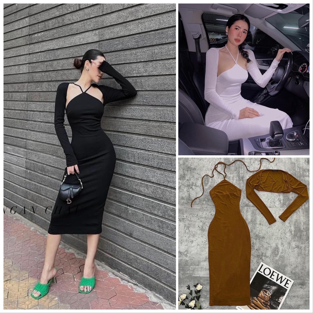 Set Đầm Body Cổ Yếm Cột Dây Kèm Áo