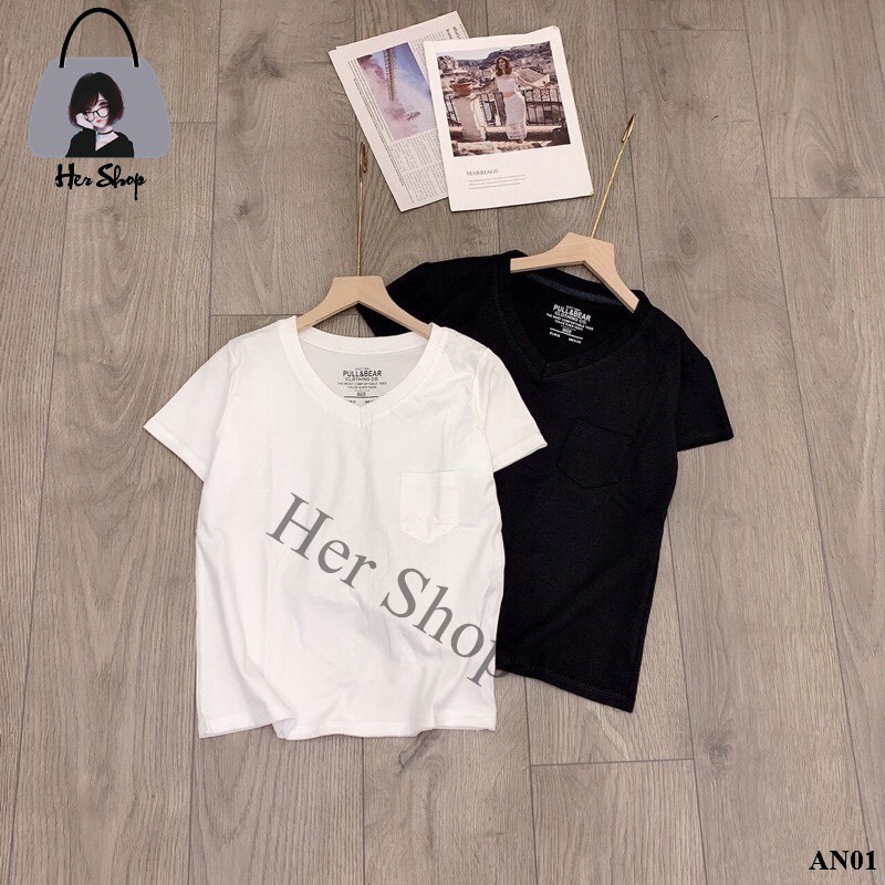 Áo phông nữ - Áo nữ cổ tim, ngắn tay Pull & bear