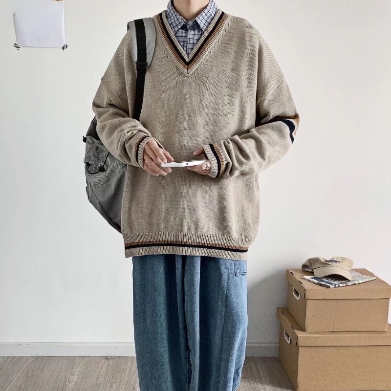 Áo Sweater Dệt Kim Tay Dài Dáng Rộng Cổ Chữ V Thiết Kế Đơn Giản Thời Trang Cho Nam
