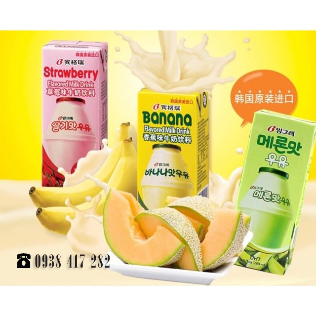 Sữa Hàn Quốc Binggrae Milk Vị Banana, Dâu, Dưa Lưới,Đào Vải - Lốc 6 Hộp 200ML