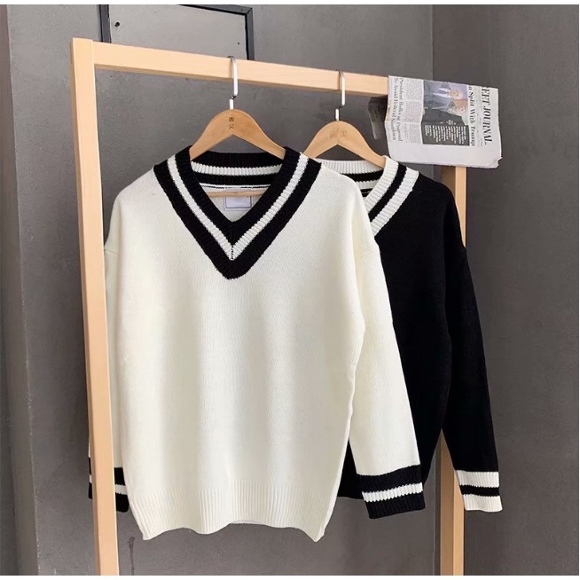 Áo  len cổ chữ v phong cách hàn quốc cho nam áo sweater fashion from rộng màu đặc v cổ áo áo cardigan simple trắng splice trang chủ