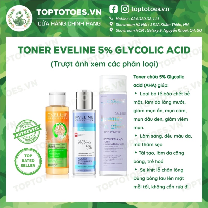 Toner Eveline 5% Glycolic acid làm da căng bóng, sáng mịn, mờ thâm sạm