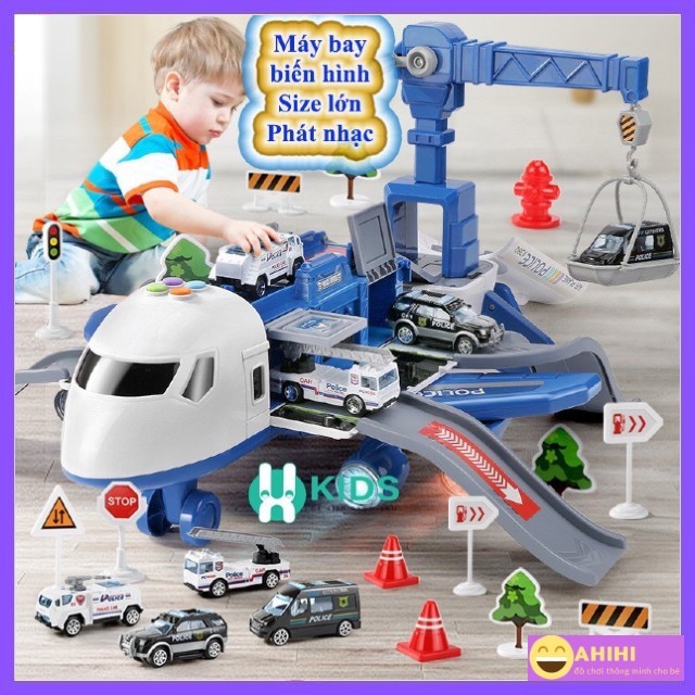 - Bộ đồ chơi máy bay biến dạng size lớn phát nhạc kèm 4 xe cảnh sát bằng kim loại,có giàn cẩu chạy Pin