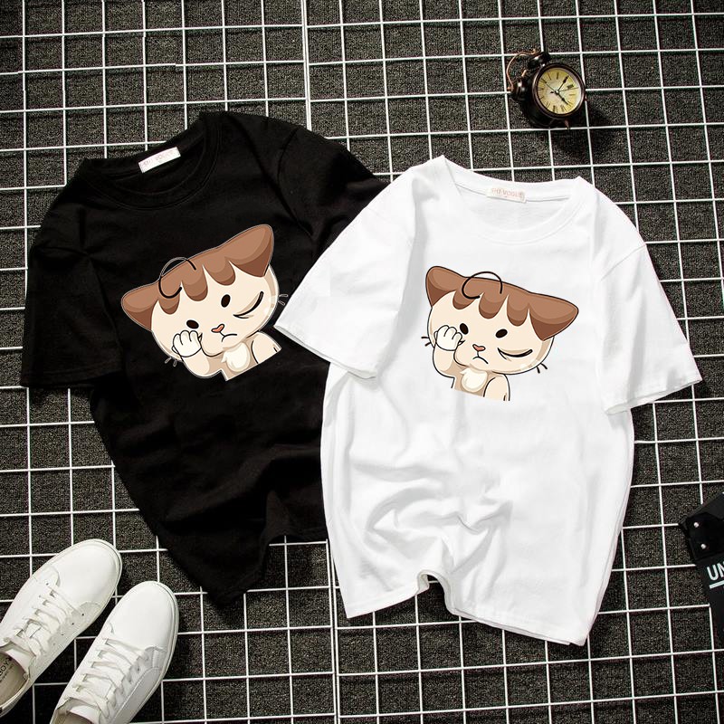 Áo thun unisex form rộng mèo đáng yêu thời trang cá tính vải dày mịn 2019T1346