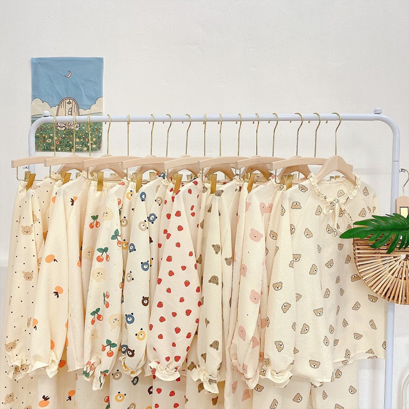 [Ảnh thật/ Sẵn hàng] Bộ Pijama Dài Tay Chất Đũi Xốp Cổ Nơ Dễ Thương, Set Bộ Ngủ Pijama Nữ | BigBuy360 - bigbuy360.vn