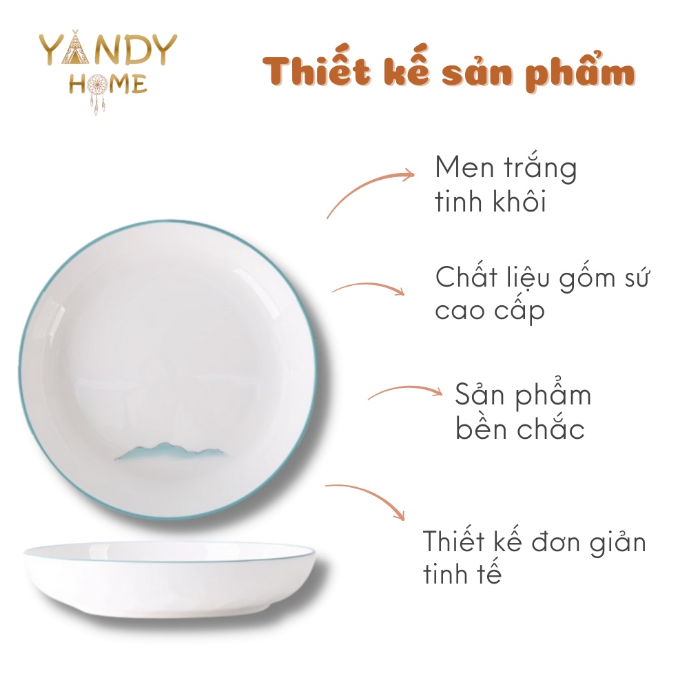 Bát đĩa tô chén gốm sứ YANDY HOME BB12 màu trắng vân mây 10 chi tiết men bóng