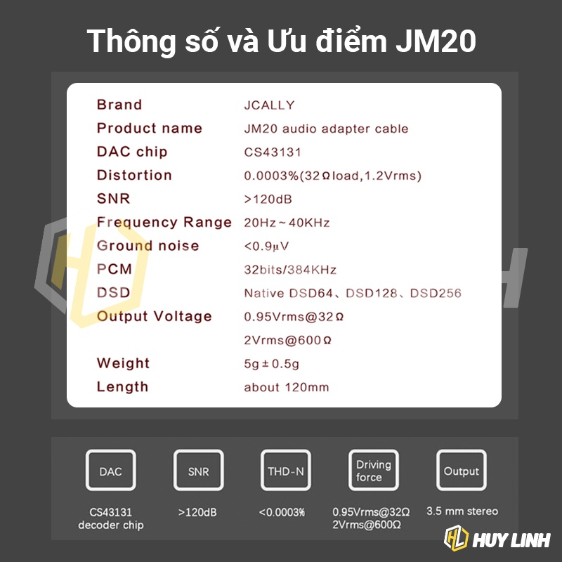 Cáp chuyển đổi tín hiệu âm thanh JCALLY JM20 chip DAC CS43131 cao cấp Type-C ra 3.5mm