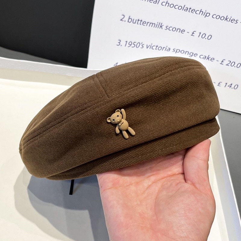 Mũ Nồi Beret Phối Gấu Tedy Thời Trang (có sẵn- y hình)