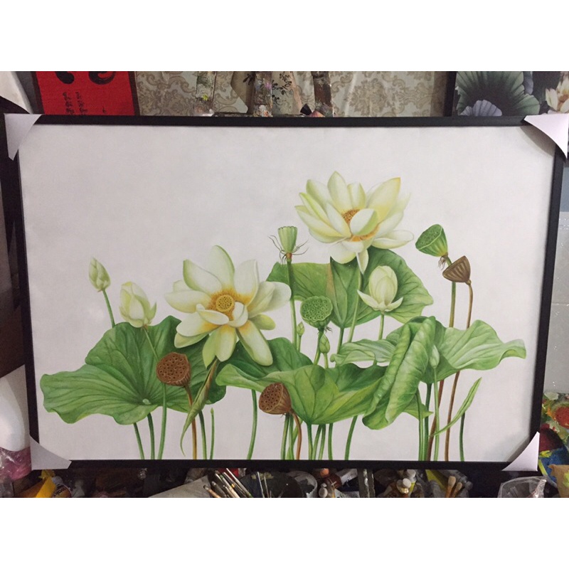 Tranh treo tường  tranh CANVAS , Tranh sơn dầu( tranh vẽ tay)mẫu hoa sen kích thước 60* 80cm( kèm khung cao cấp).