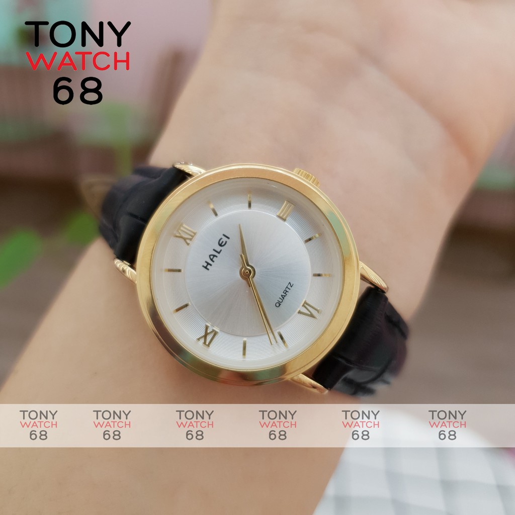 Đồng hồ nữ Halei dây da mặt vân đồng tâm viền mạ vàng chống nước chính hãng Tony Watch 68