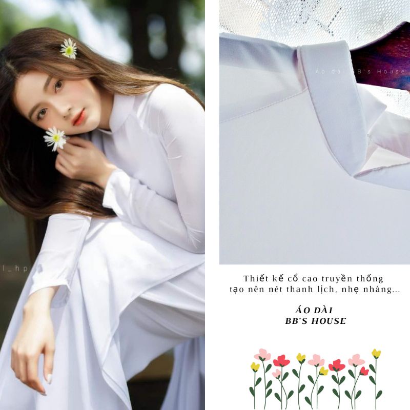Áo dài 4 tà LỤA trắng tinh khôi, cổ cao