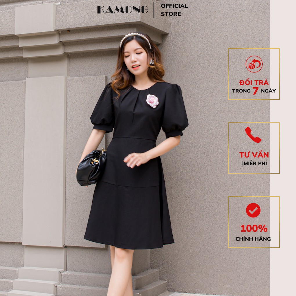 Đầm xoè xếp ly cổ đính hoa KAMONG D113