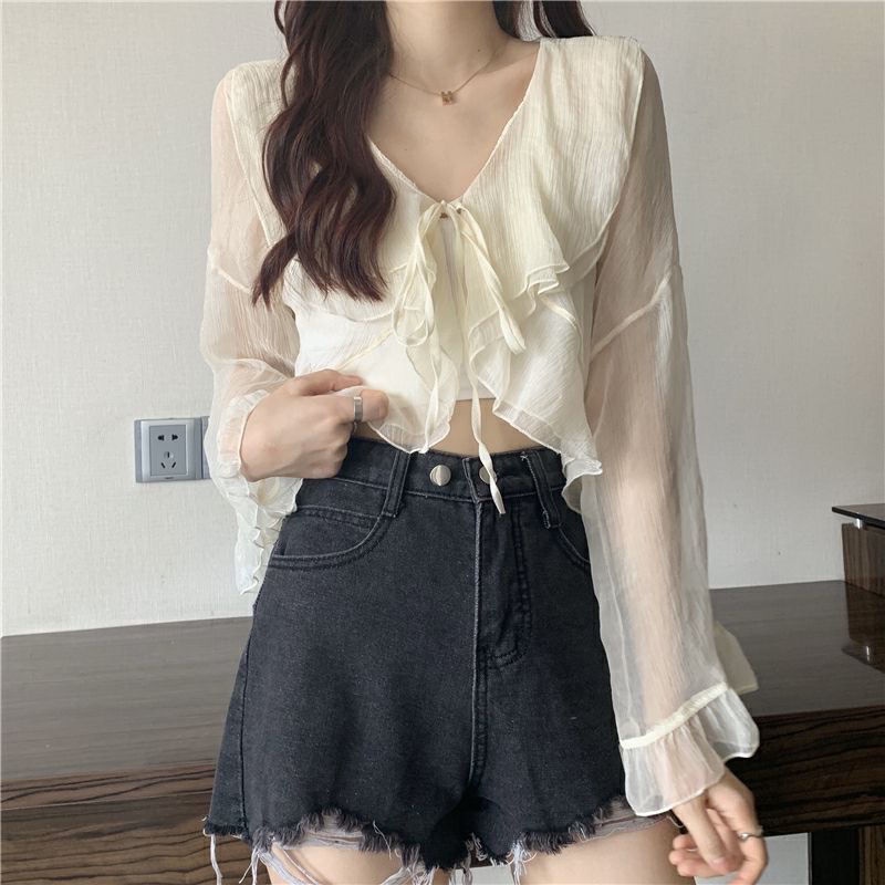 Áo Cardigan Tay Loe Ngắn Phối Dây Cột Thời Trang Mùa Hè Xinh Xắn Cho Nữ
